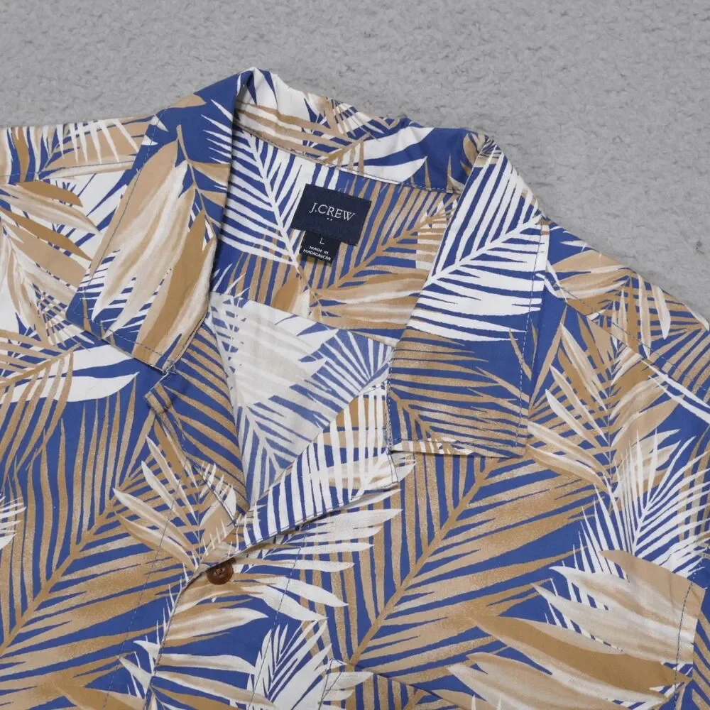 J Crew Floral Button Shirt Mens Large Blue Brown Short Sleeve Camp Shirt
